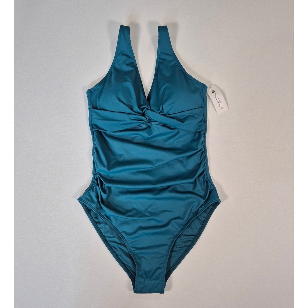 Holipick Womens Teal Ruched Twist Front One Piece Swimsuit Tummy Control New
